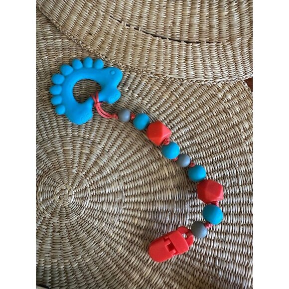 Silicone Dino Teether Clip – Blue & Red Baby Teething Toy - Picture 1 of 8